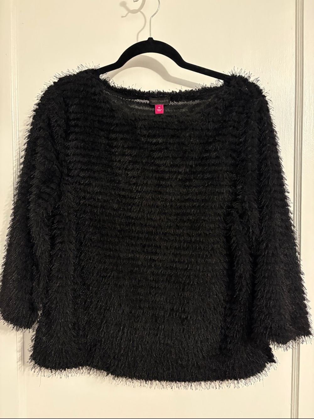 Vince Camuto Black Fuzzy Fringe See-thru Top